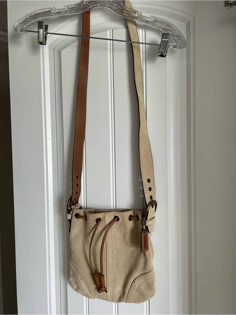 Coach Beige Suede Shoulder Bag with Brown Leather Tag